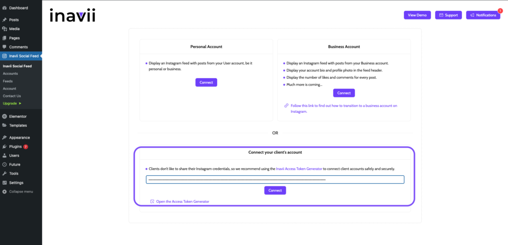 Inavii for elementor instagram feed insert token